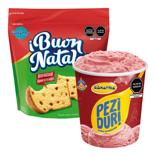 Pack Panetón DONOFRIO Buen Natale Bolsa 750g + Helado D'ONOFRIO Peziduri Fresa Cremoso Pote 900ml