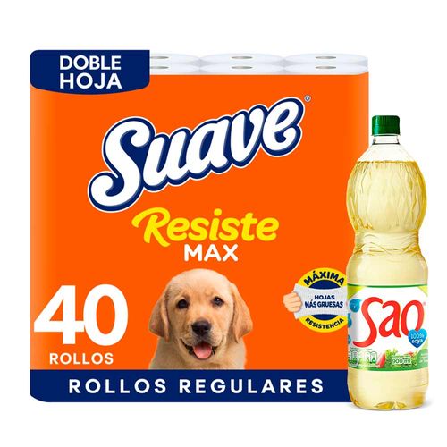 Pack Papel Higiénico SUAVE Resistemax Doble Hoja Paquete 40un + Aceite de Soya SAO Botella 900ml