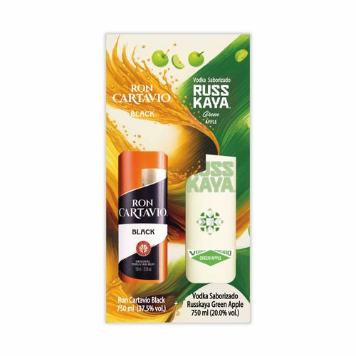 Vodka RUSSKAYA Green Apple Botella 750ml + Ron CARTAVIO Black Botella 750ml