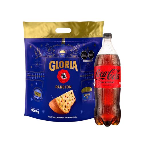 Pack Panetón GLORIA Bolsa 900g + Gaseosa COCA COLA Sin Azúcar Botella 1.5L