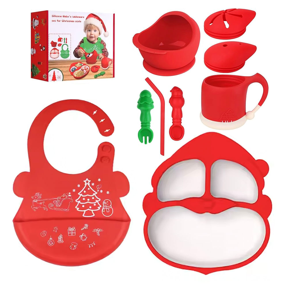Set navideño santa plato babero cubierto vaso rojo para bebe