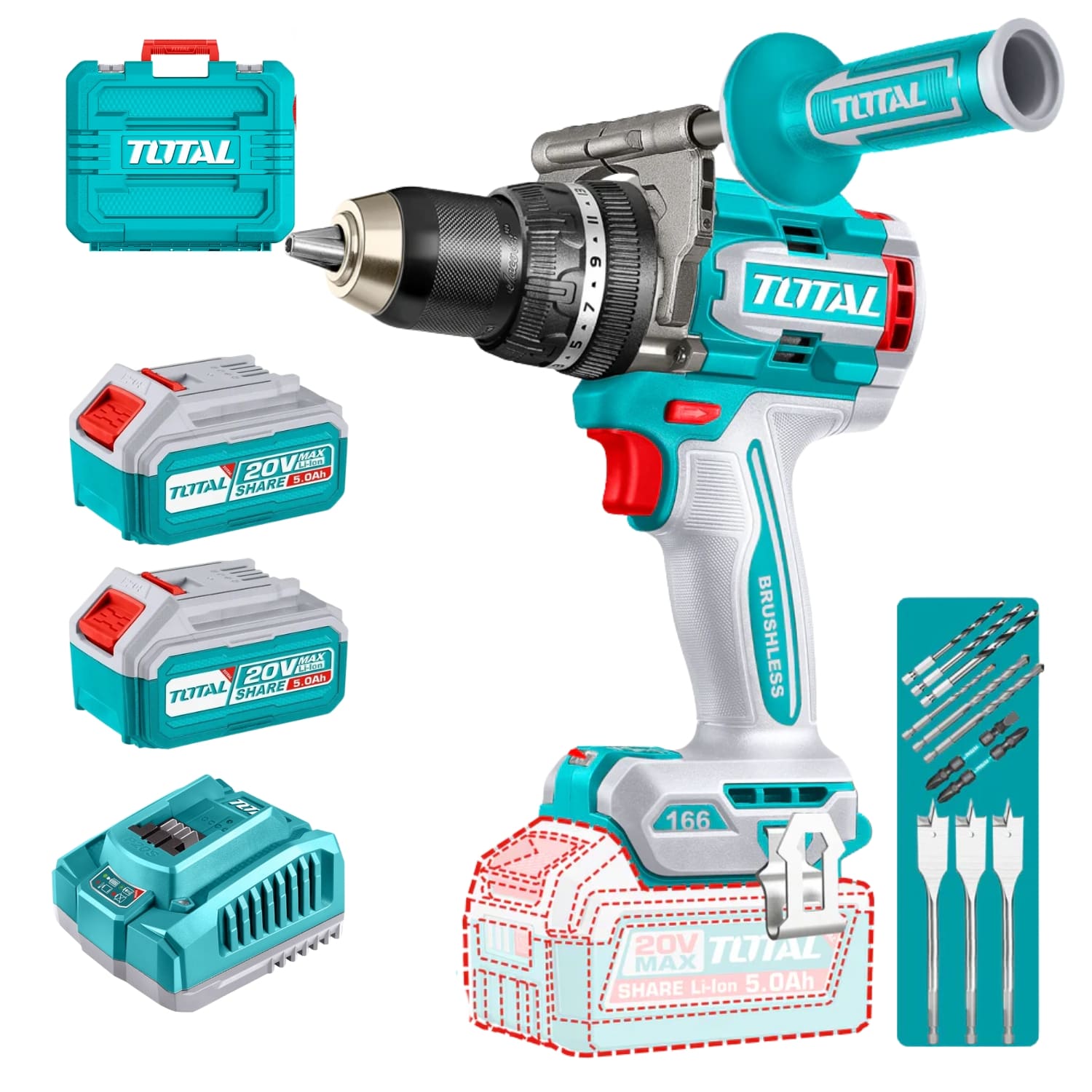 Taladro Percutor 166nm + 2 Baterias 5amp  y 1 Cargador 20v Total TIDLI201668