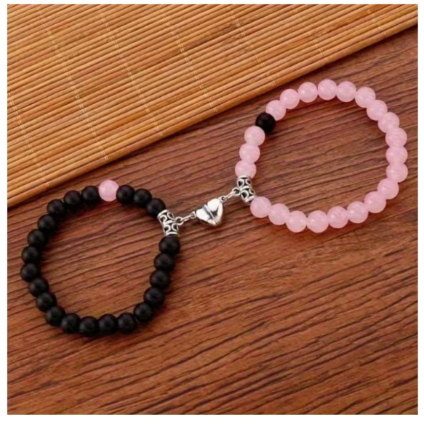 Pulsera doble negra y rosada corazón con imán para mejores amigos o parejas San Valentín