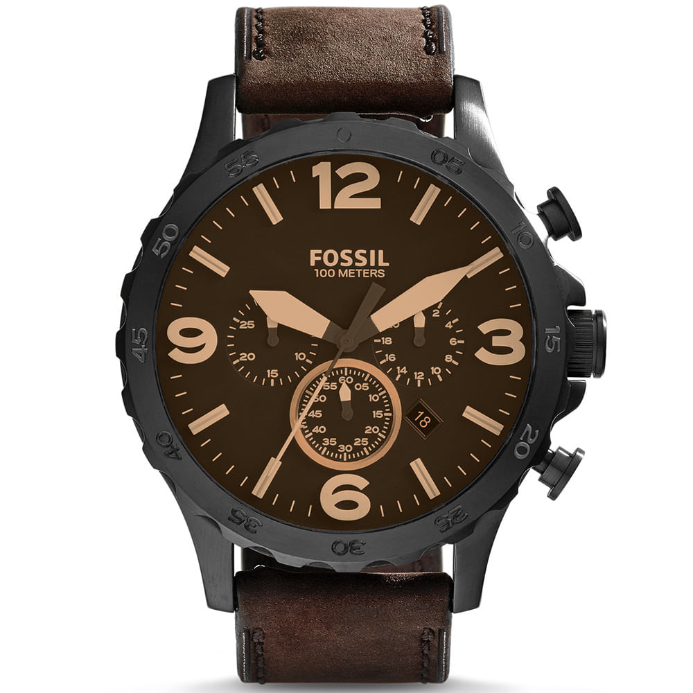 Reloj Fossil Nate JR1487 Fecha Cronómetro Correa de Cuero Marrón Acero Negro