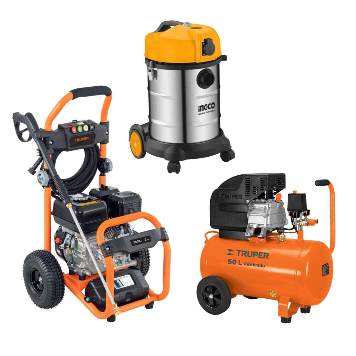 Hidrolavadora a Gasolina Truper + Compresora 50 litros Truper + Aspiradora 30L Ingco