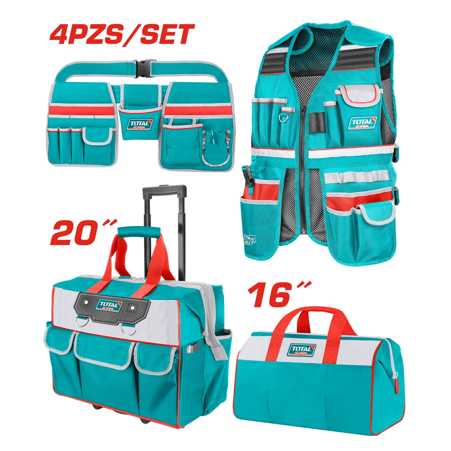Kit 4 Porta Herramientas Chaleco + Maletin + Bolso + Cinturón Total SKU: TOS230910