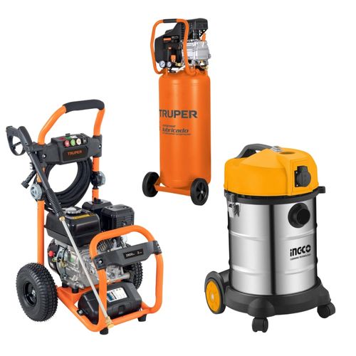 Hidrolavadora a Gasolina Truper + Compresora 80 litros Truper + Aspiradora 30L Ingco