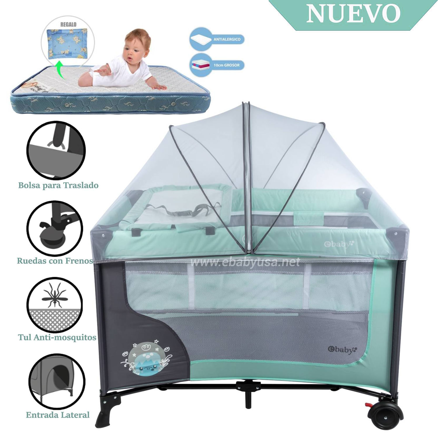 Cuna Corral Ebaby con Cambiador Happy Dream Verde +Colchón