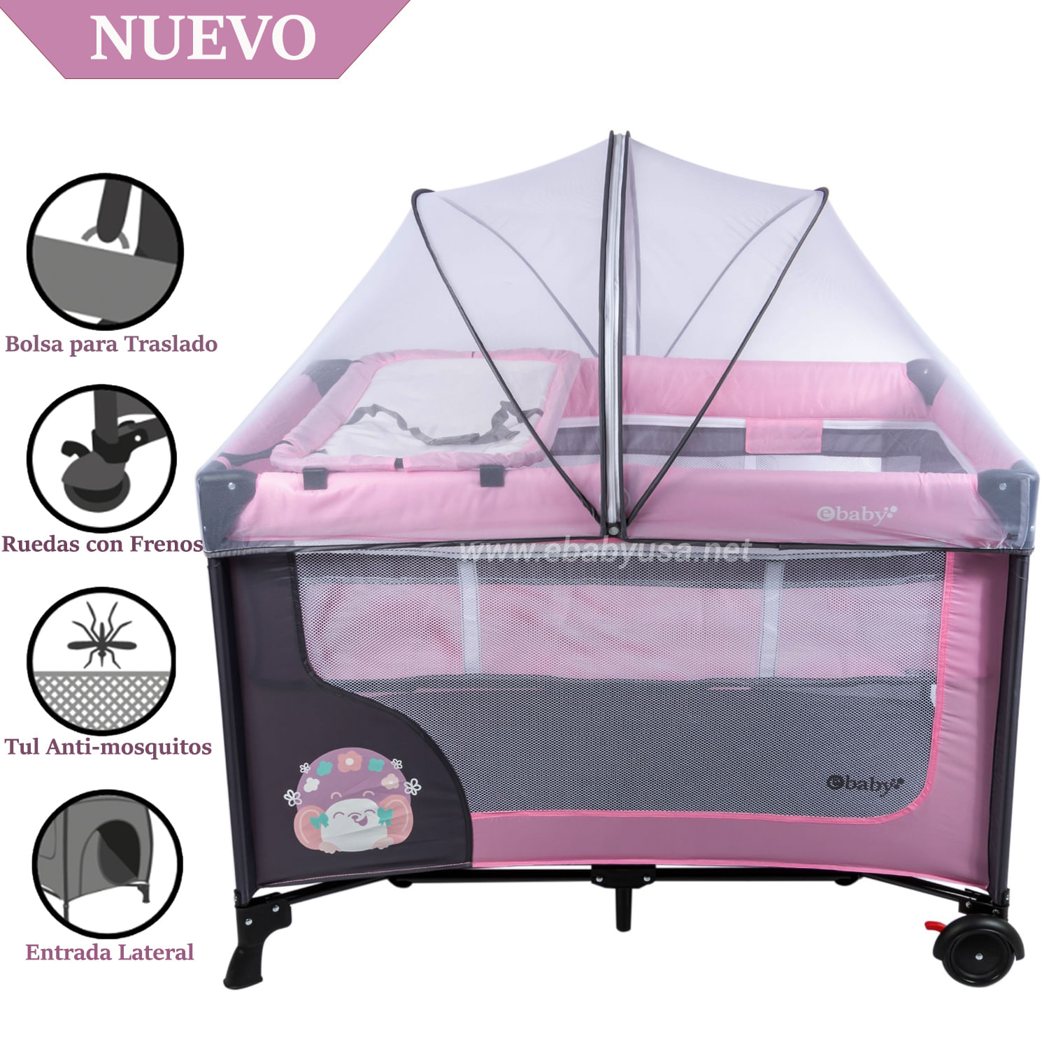 Ebaby Cuna Corral con Cambiador Happy Dream Rosado + Colchón