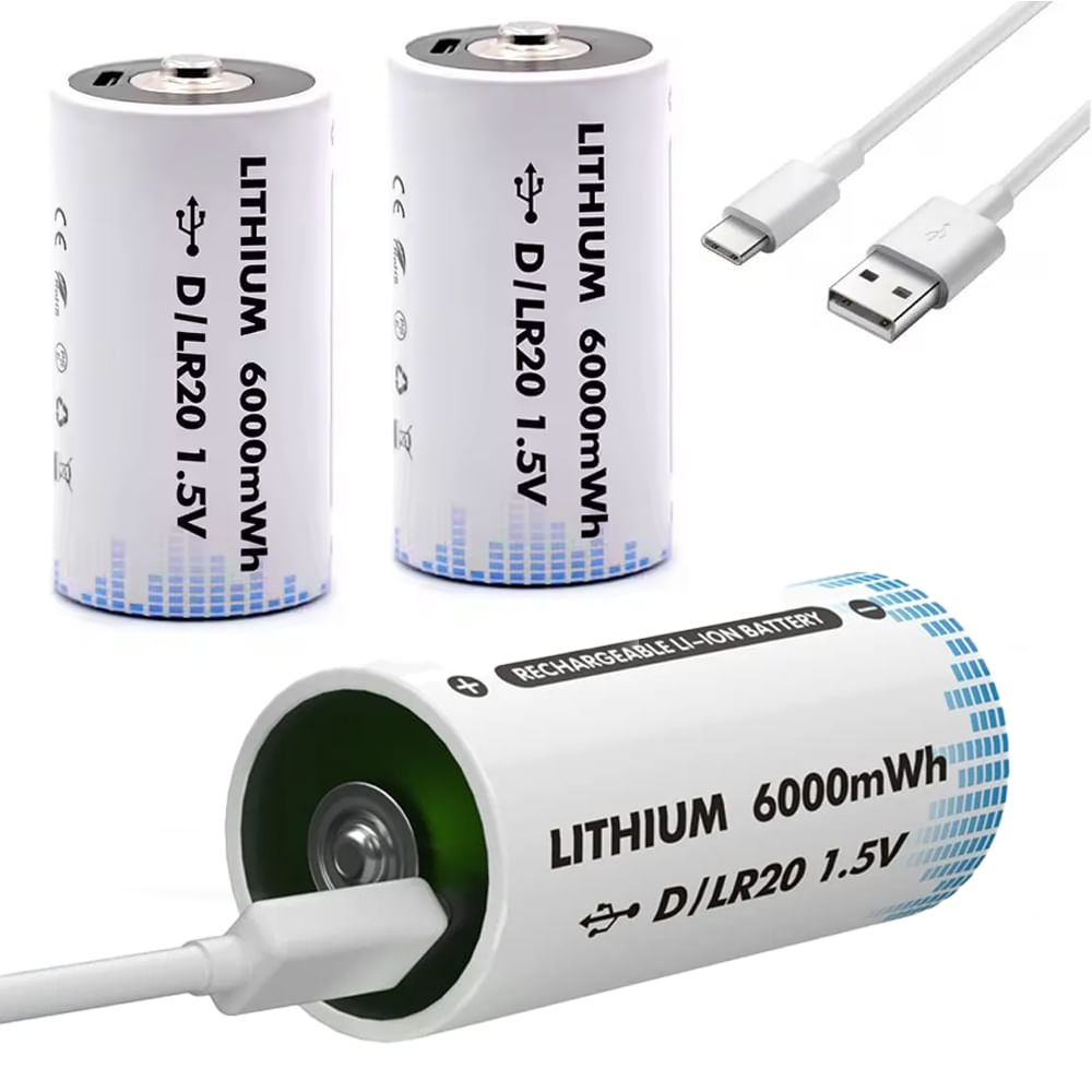 2 BateriaS de Litio recargable Tipo D 1-5V 6000mwh Pila D LR20 USB C