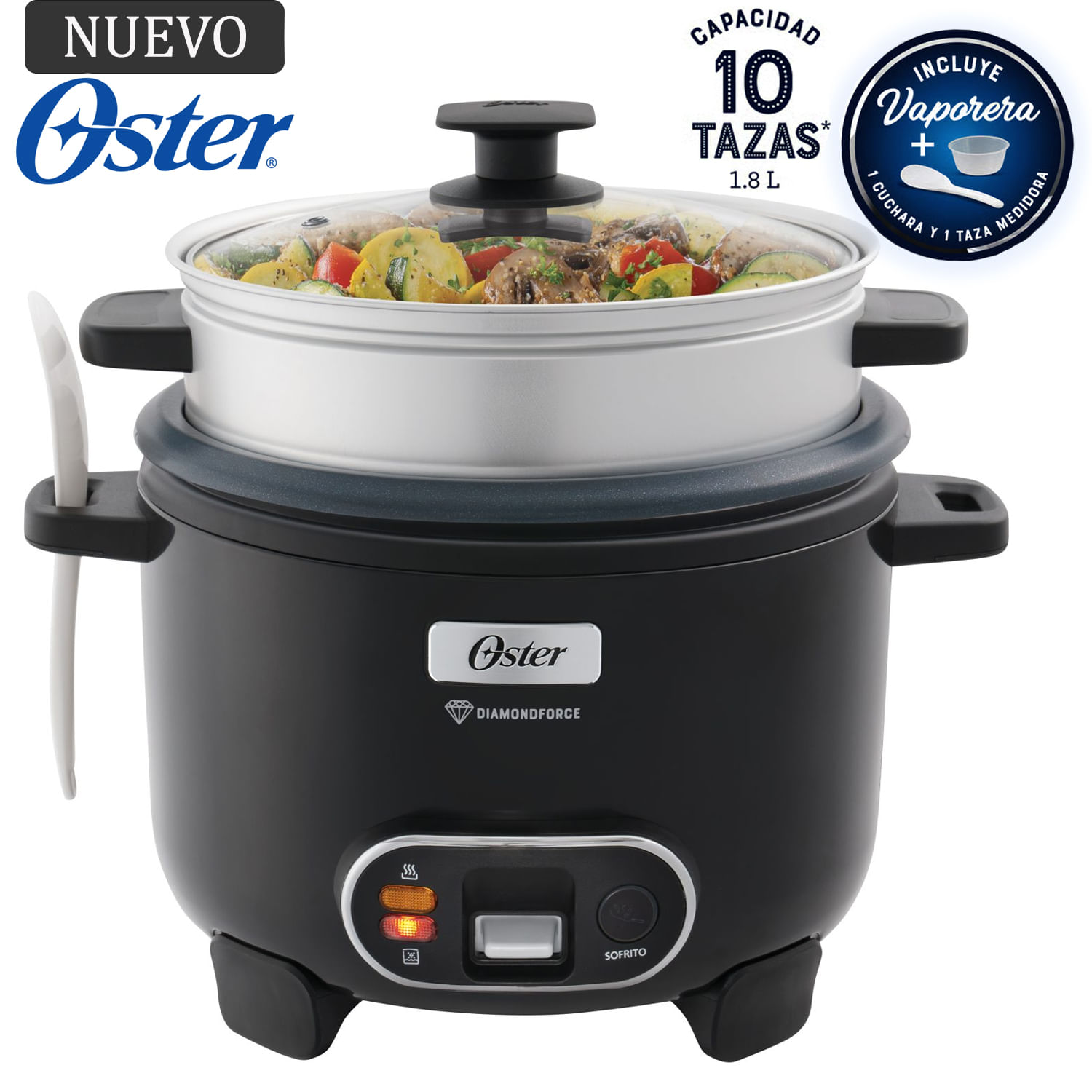 Olla Arrocera Oster 1.8L 3 en 1 con Función de Sofrito Vaporera color Negro CKSTRC10DFBLK