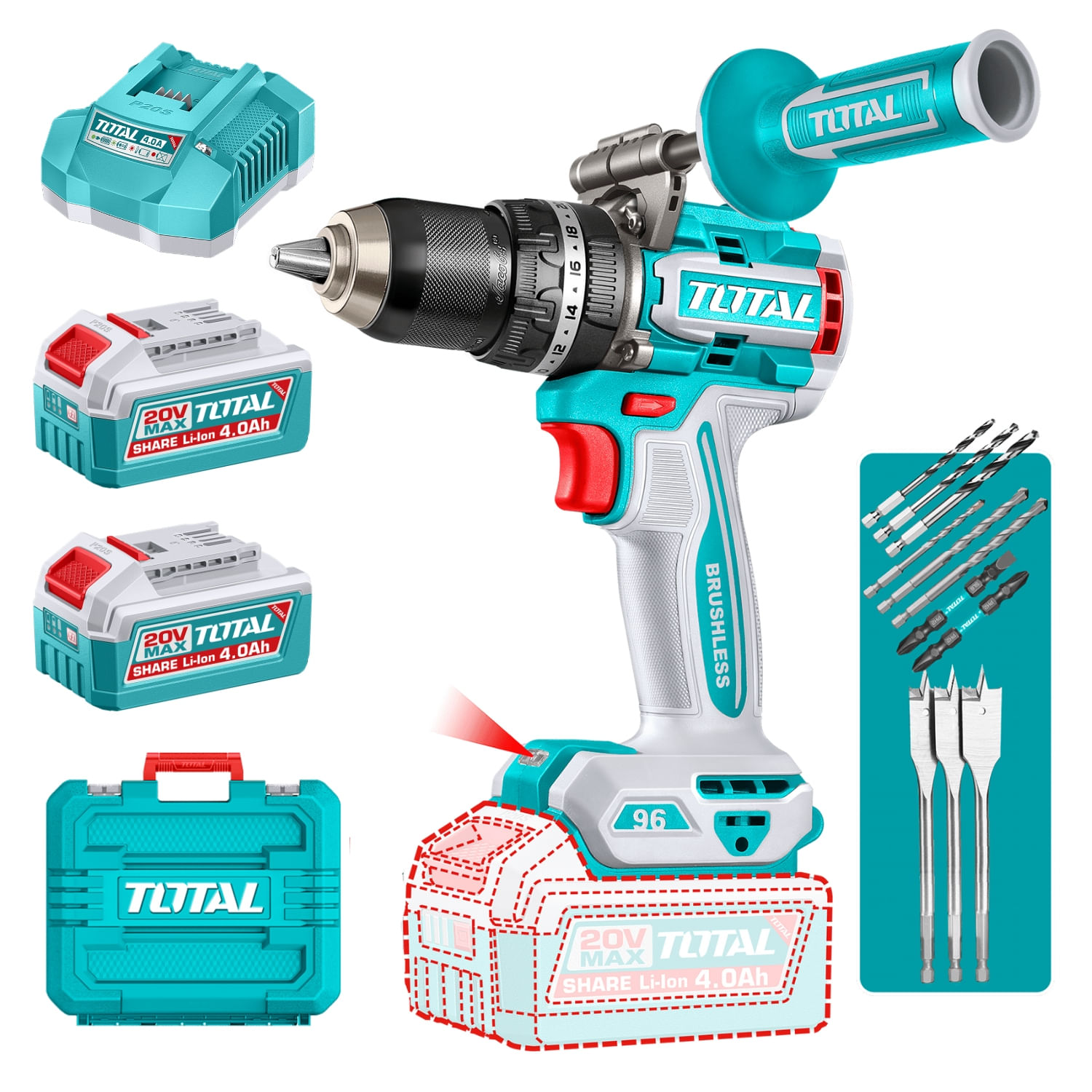 Taladro percutor 96nm + 2 baterías 4ah Industrial total TIDLI209686