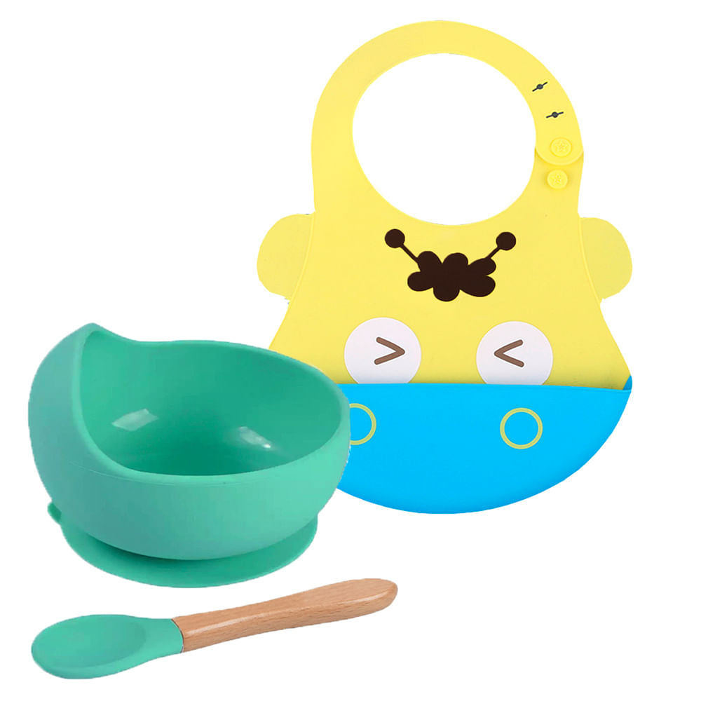 Pack Babero Hipopotamo con Cuenco Turquesa con cuchara Baby Froggie para bebe