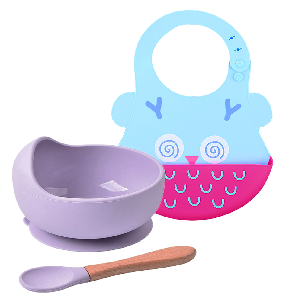 Pack Babero Buho con Cuenco Lila con cuchara Baby Froggie para bebe