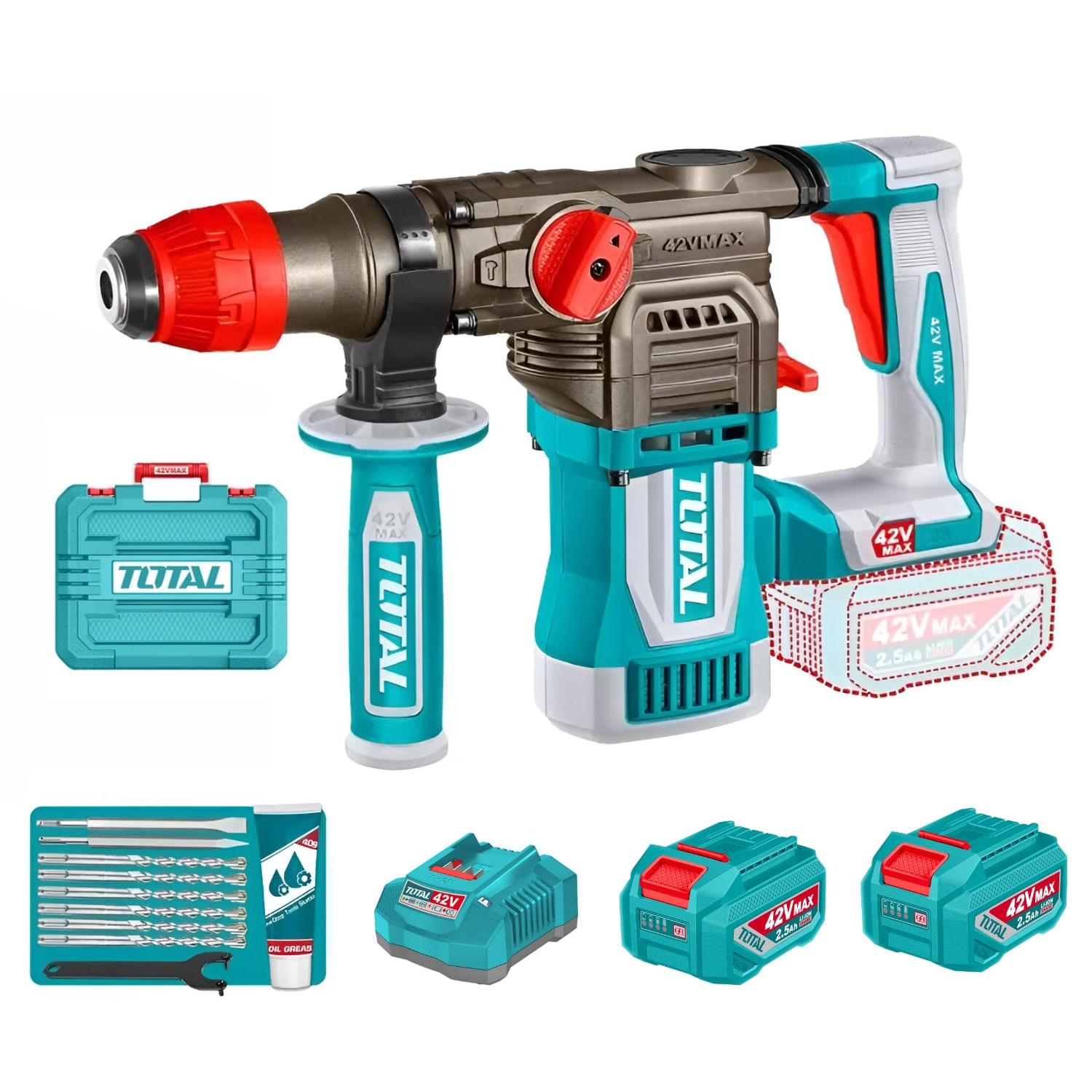 Rotomartillo SDS PLUS 4.5J + 2 Bateria 2.5Ah y Cargador 42v Total TRHLI422882