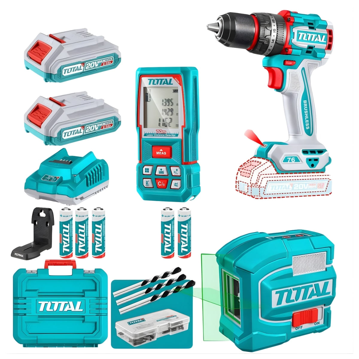 Combo Taladro 76nm + Nivel Laser de 2 Lineas + Medidor de Distancia Laser 70m Total