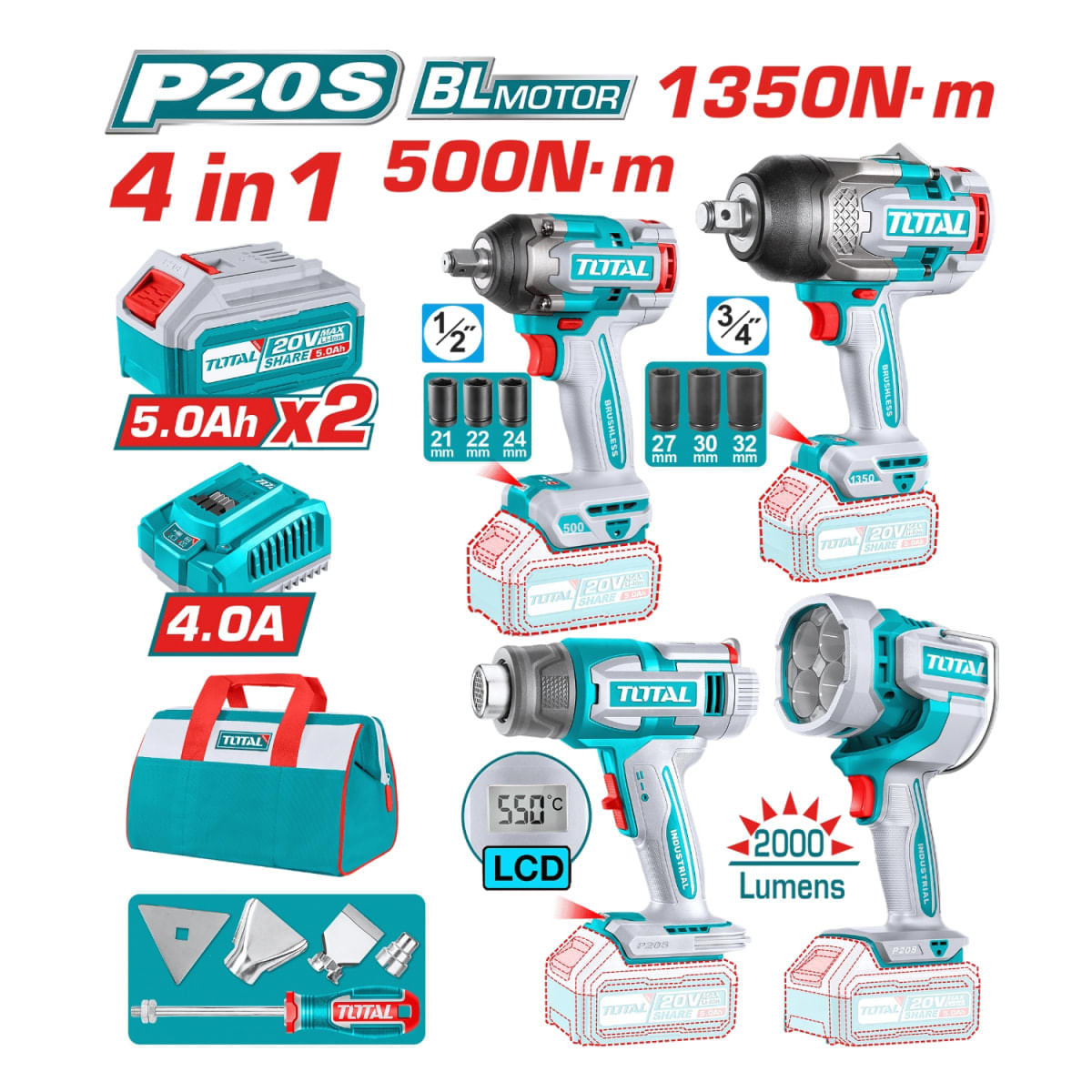 Mega Combo Llave de Impacto 1350N.m. + Llave de Impacto 500N.m. + Pistola de Calor + Lámpara 20V Tot