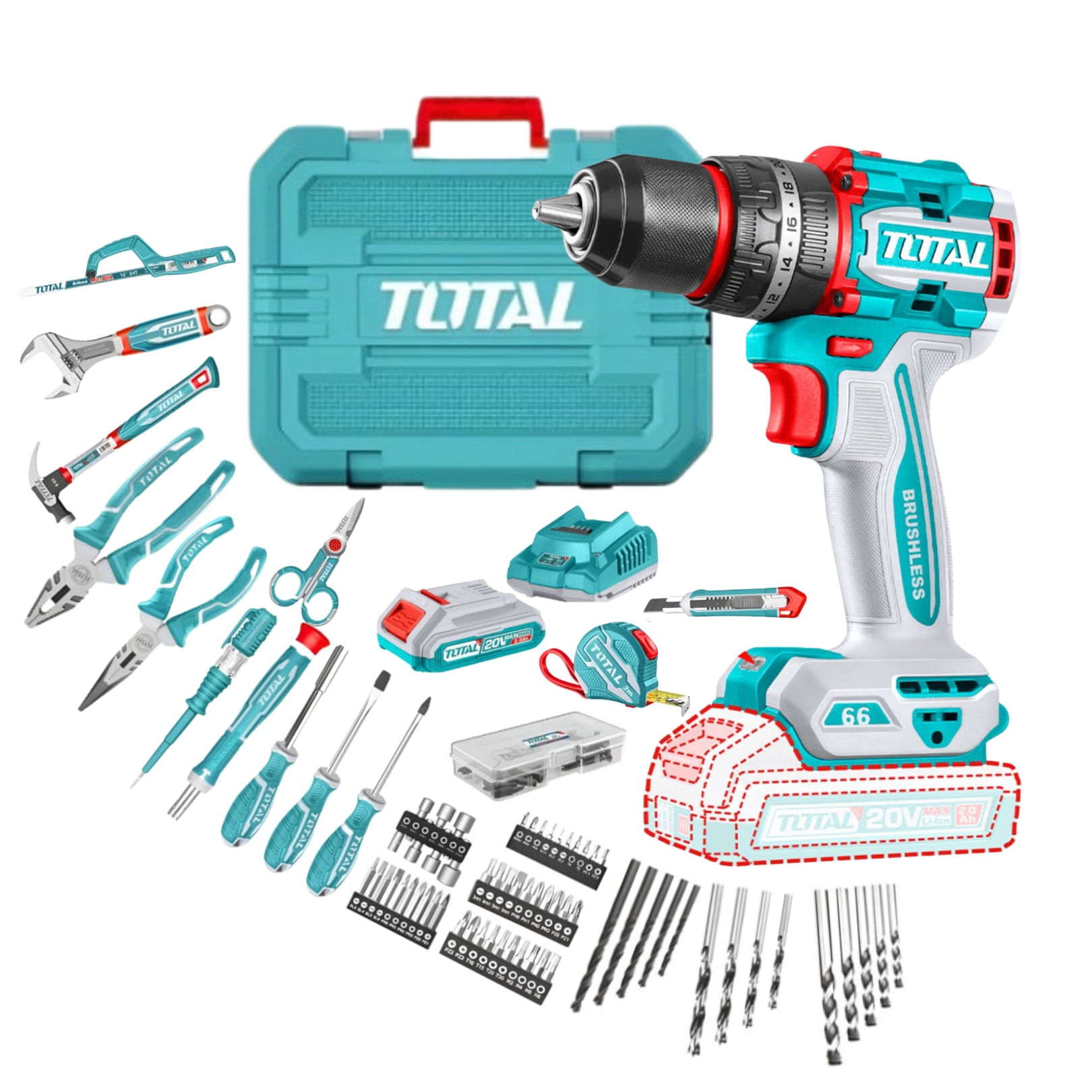 Taladro percutor 66nm 20v + 165 herramientas Total THKTHP11652