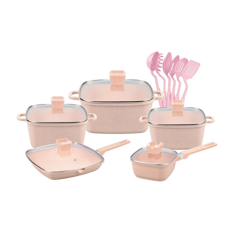 Juego De Olla Granito Volcánico 10 Piezas + 6 Utensilios Rosa