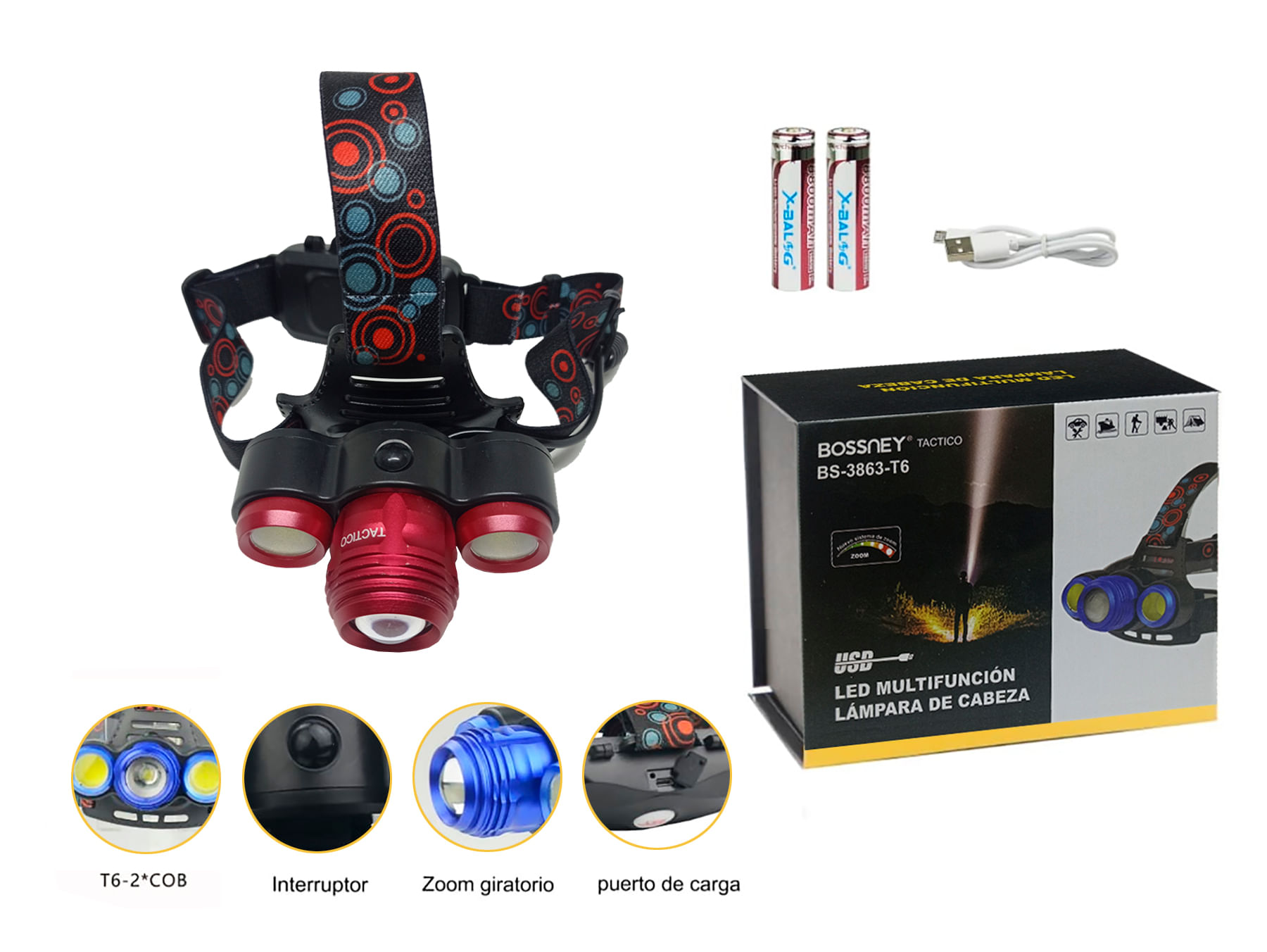 Linterna Frontal Bossney Recargable BS3863-T6 Rojo