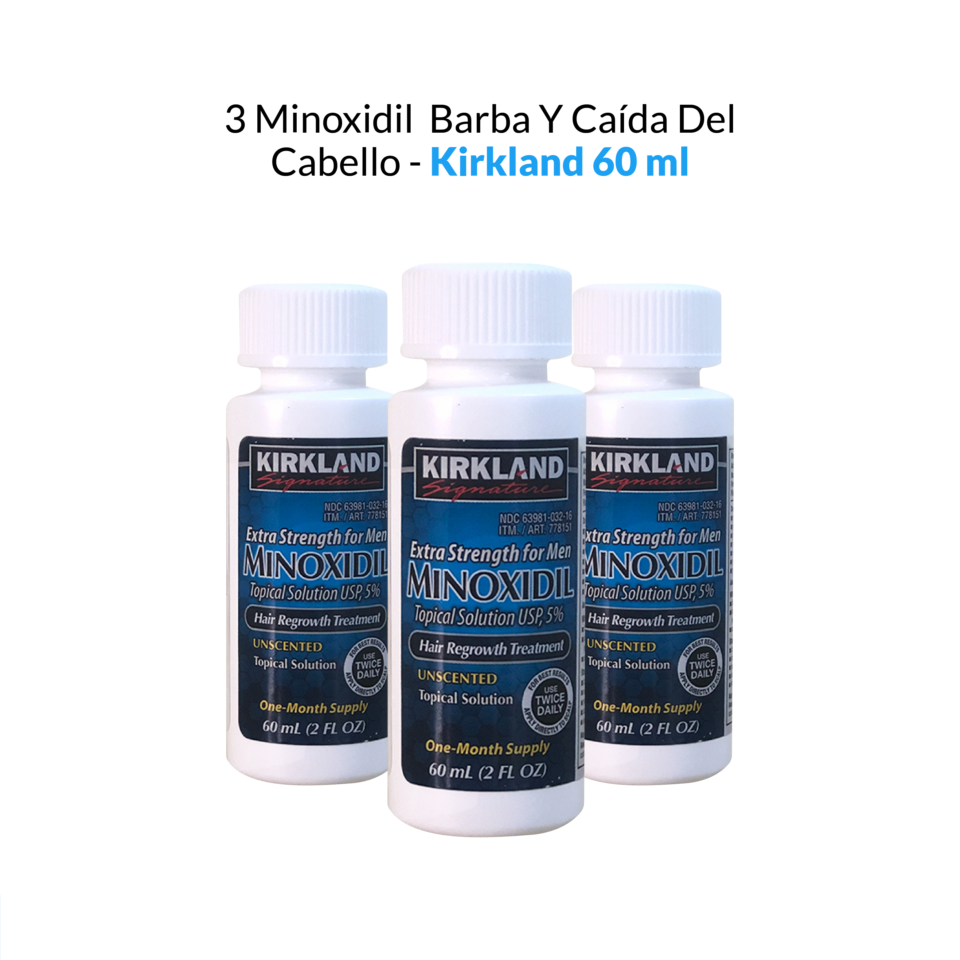 3 Minoxidil Liquido Kirkland para Barba y Cabello 60ml