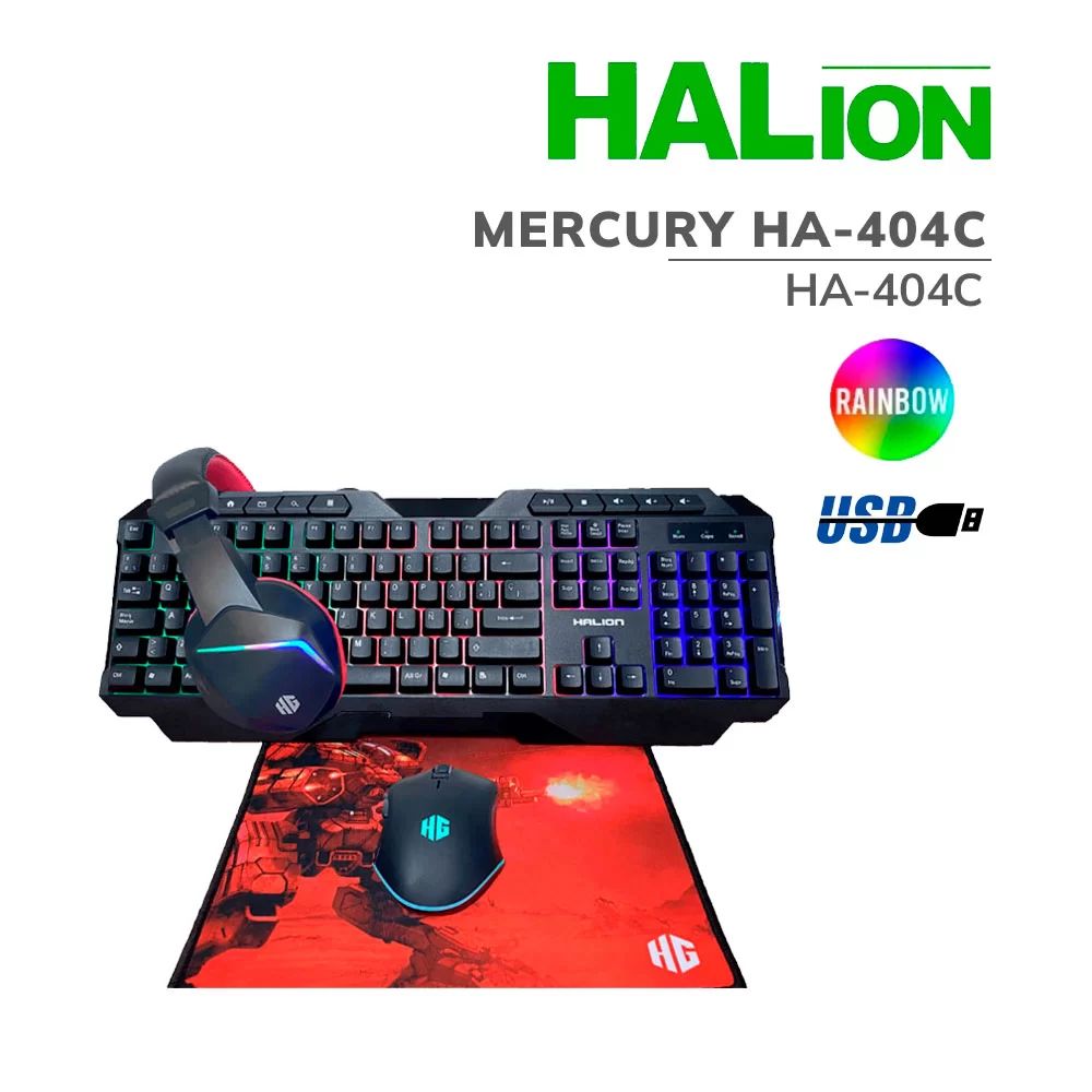 KIT GAMER 4 EN 1 HALION TECLADO+MOUSE CLABLE+AUDIFONO+PAD M Negro