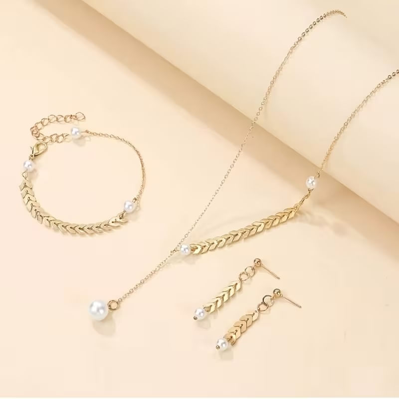 Set collar, aretes y pulsera perlitas para mujer dorado