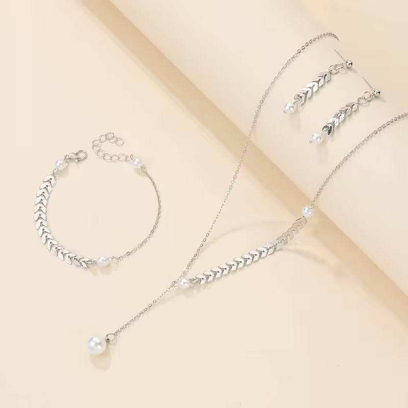 Set collar, aretes y pulsera perlitas para mujer plateado