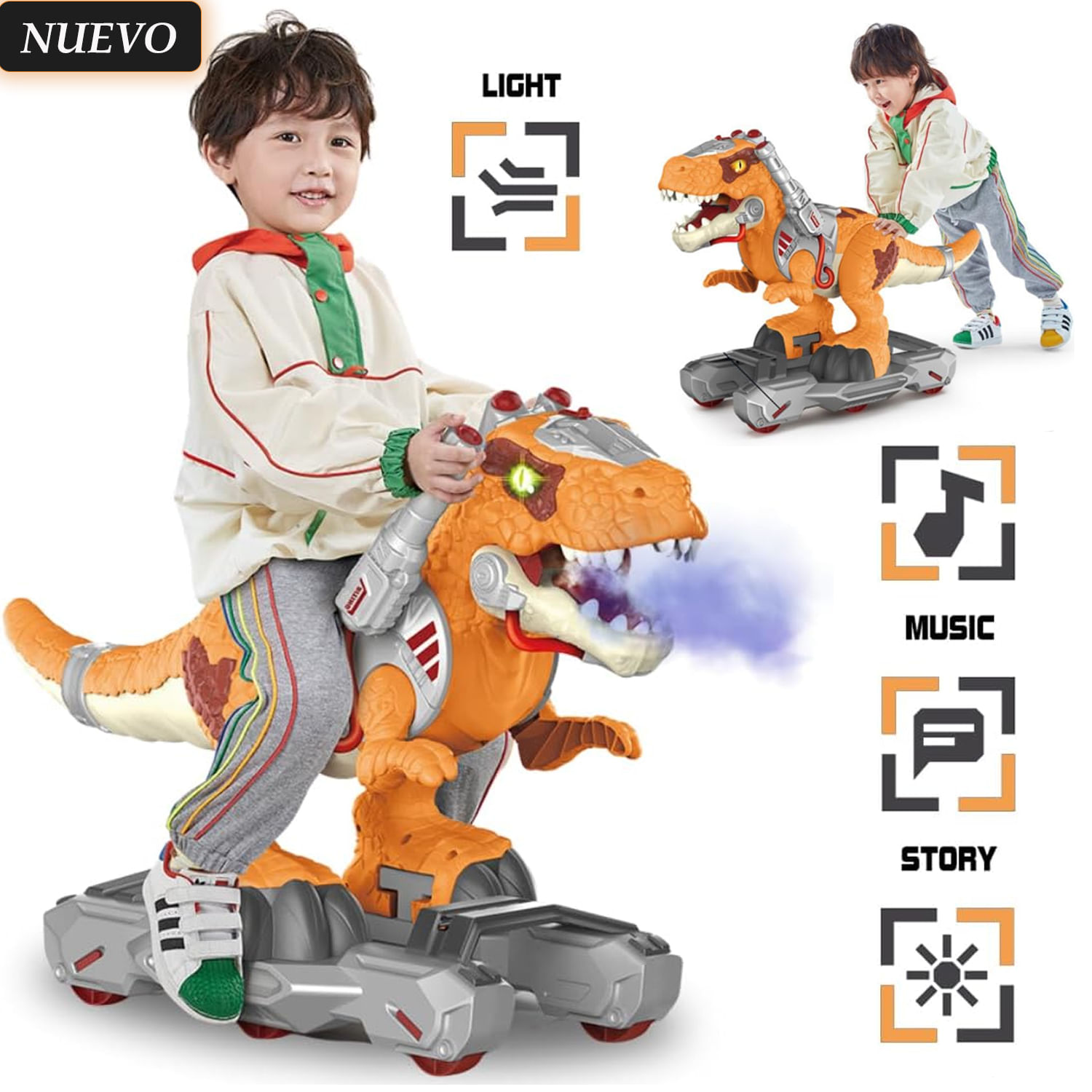 Juguete Scooter Dinosaurio Musical y Luces con Efecto bota humo