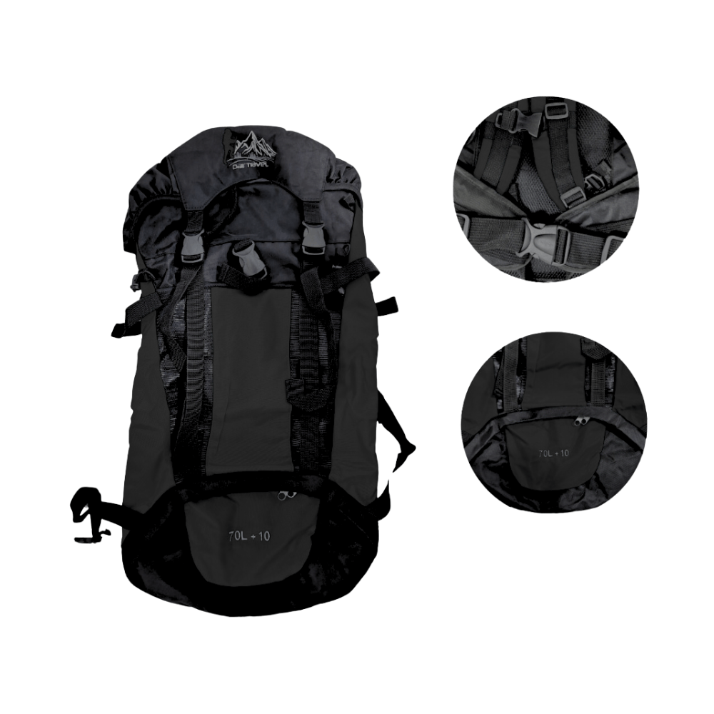 Mochila Campera Impermeable 70L + 10LPara Viajes Trekking Camping - NEGRO