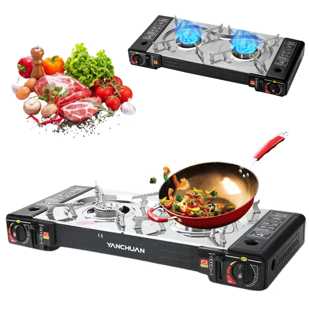 cocina a gas butano portatil 2 hornillas 2 en 1 camping