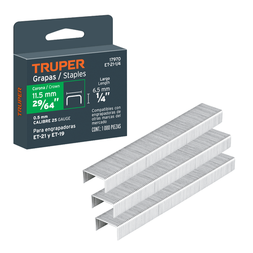 Grapas 1/4 Truper Largo de 6,5mm y Corona de 11.5mm Para Et-19 Y Et-21 Tapizar 1000pcs