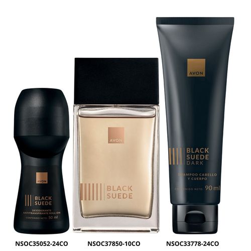 Set Avon Black Suede Perfume Masculino, Shampoo y Desodorante