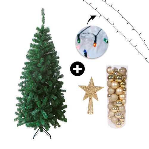 COMBO Set x 50 bolas 4cm doradas + Árbol navidad 210cm + Estrella para punta de árbol dorada + Luces Arroz Multicolor x100 luces