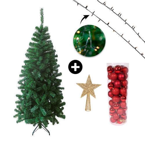 COMBO Set x 50 bolas 4cm rojas + Árbol navidad 210cm + Estrella para punta de árbol dorada + Luces Arroz Blanco x100 luces