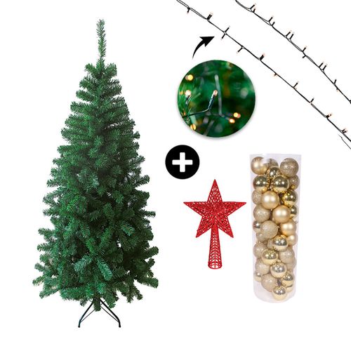 COMBO Set x 50 bolas 4cm doradas + Árbol navidad 210cm + Estrella para punta de árbol roja + Luces Arroz Blanco x100 luces