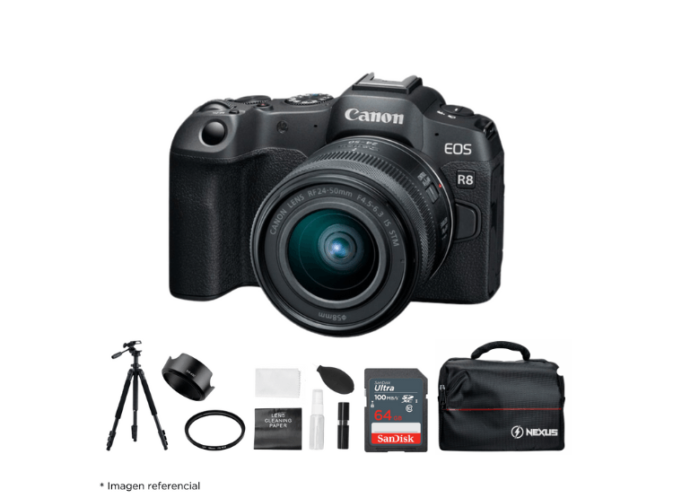 Cámara Canon EOS R8 + Lente RF 24-50mm f45-63 IS STM + Kit Ultimate