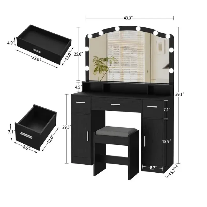 Tocador Moderno TU MESITA Kinda color Negro 3 cajones 2 puertas espejo LED