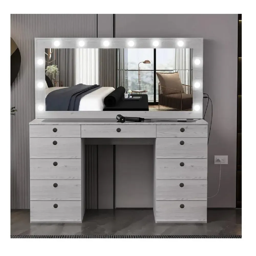 Tocador Moderno TU MESITA Sonia color Gris 11 cajones Espejos Led