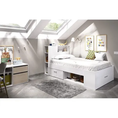 Cama Juvenil Moderna con organizador, zapatera y cajón Morfeo color Blanco TU MESITA