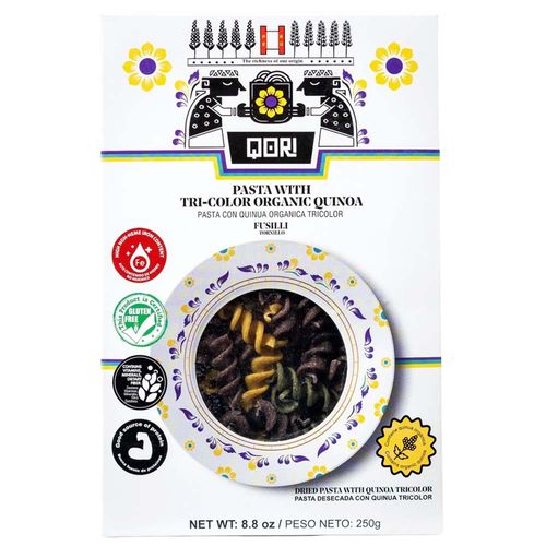 Fideos Tornillo Tricolor QORI con Quina Orgánica Caja 250g