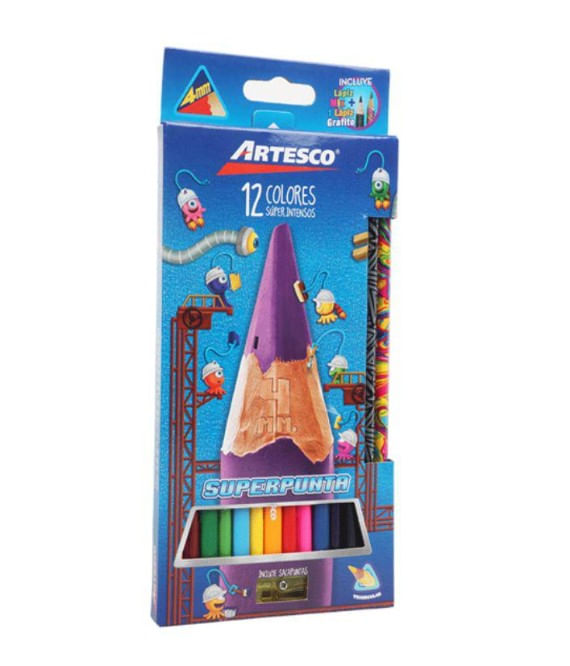 COLORES LARGOS ARTESCO TRIANGULARES + LAPICES + SACAPUNTAS X 12 UND