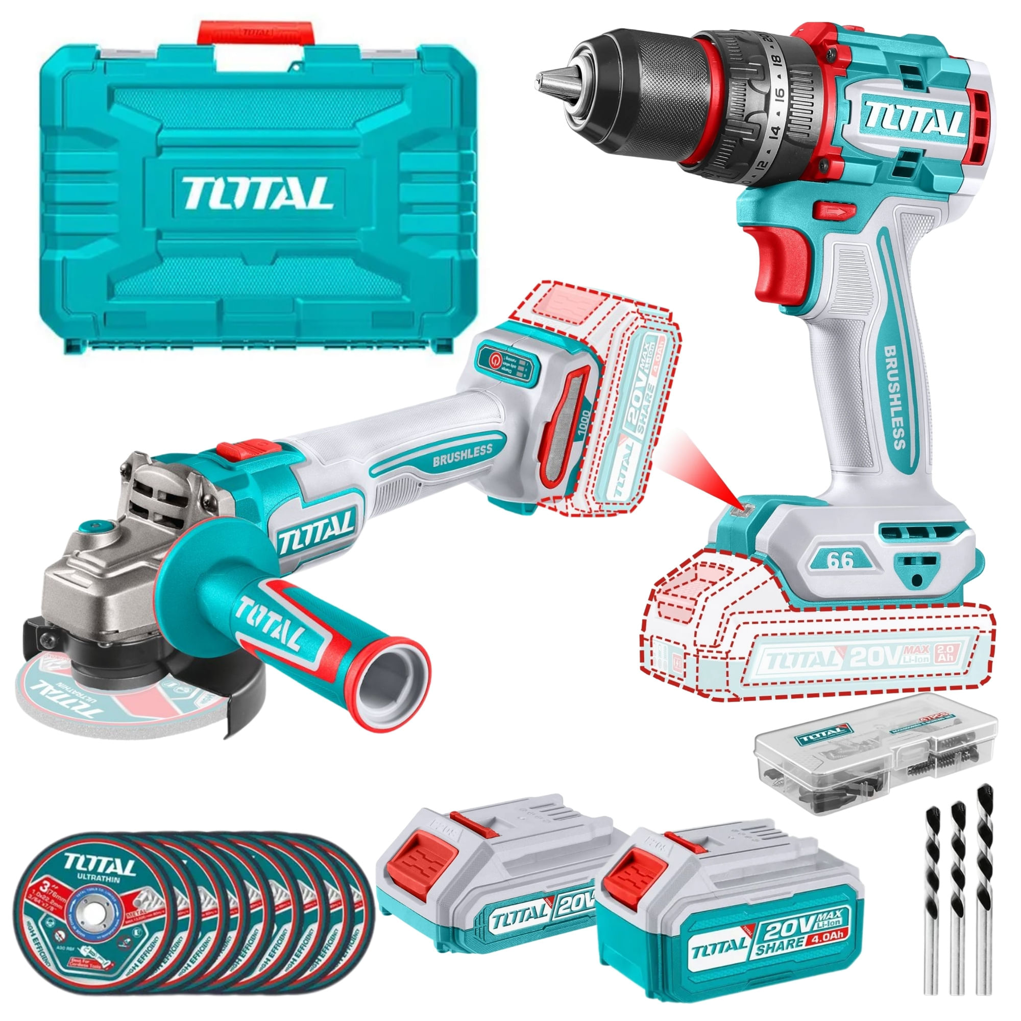 COMBO TALADRO PERCUTOR 66Nm AMOLADORA BRUSHLESS 20V INDUSTRIAL TOTAL