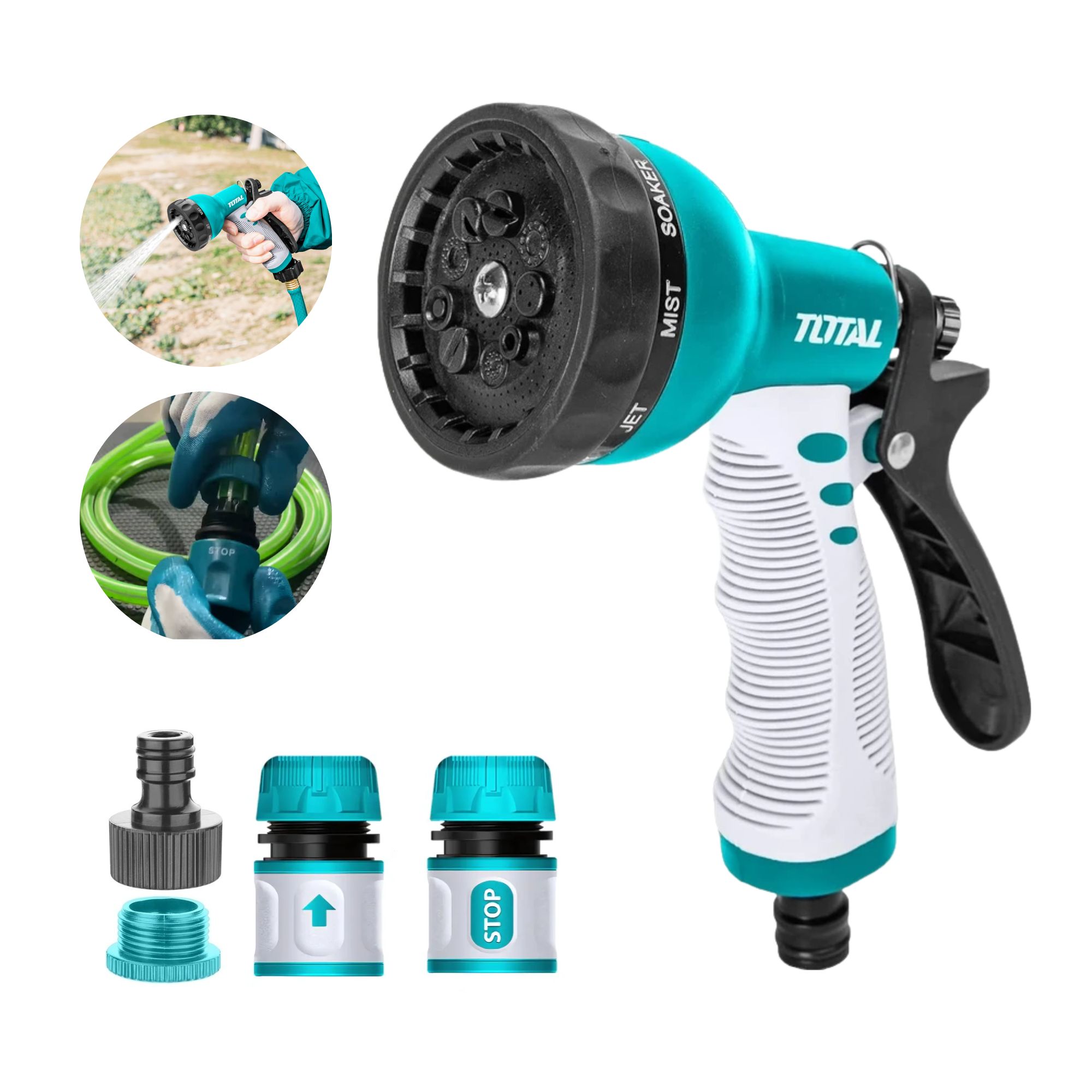 Pistola de riego 9 funciones con conectores rápidos click TOTAL