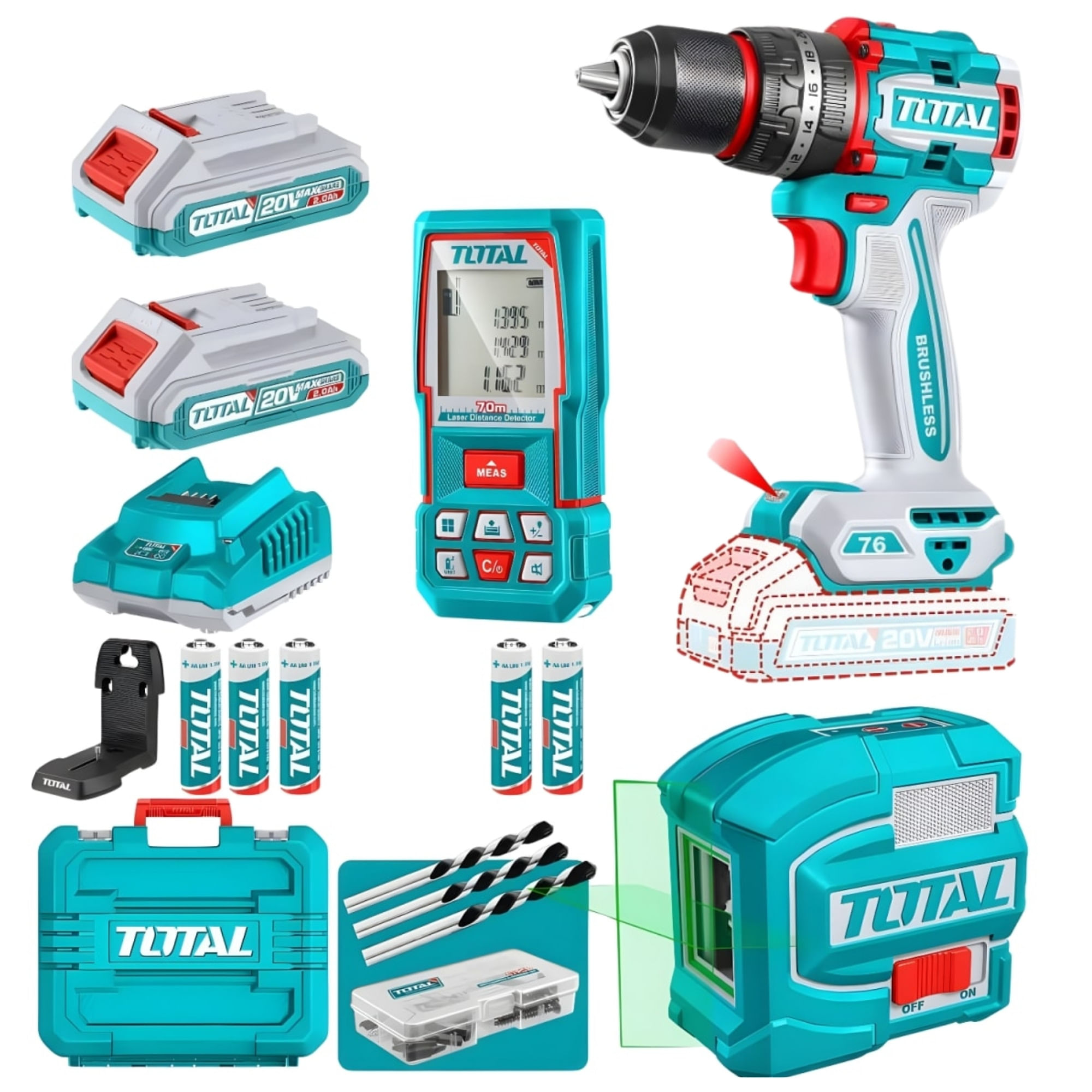 Combo Taladro percutor inalámbrico Brushless 76Nm + Nivel láser + Wincha Láser TOSLI250511