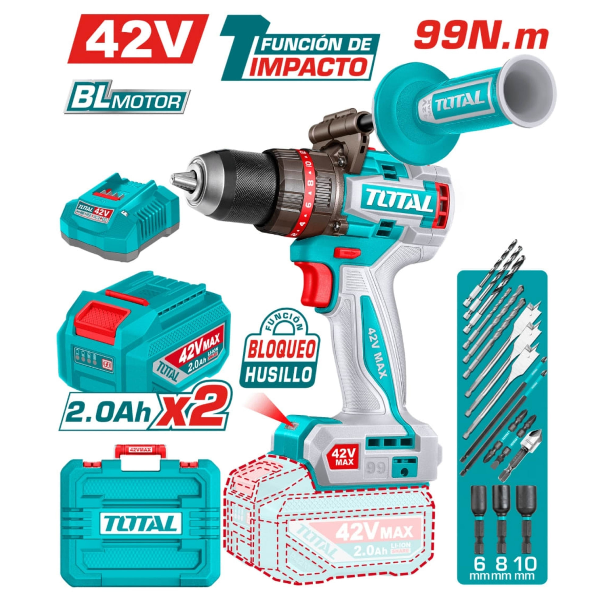 Taladro percutor 99Nm Brushless Inalámbrico 42V con 2 Batería y cargador TIDLI429982 total