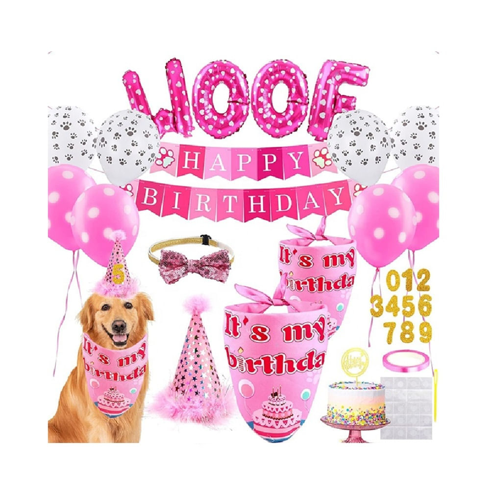 Kit cumpleañero para mascotas perros y gatos rosado