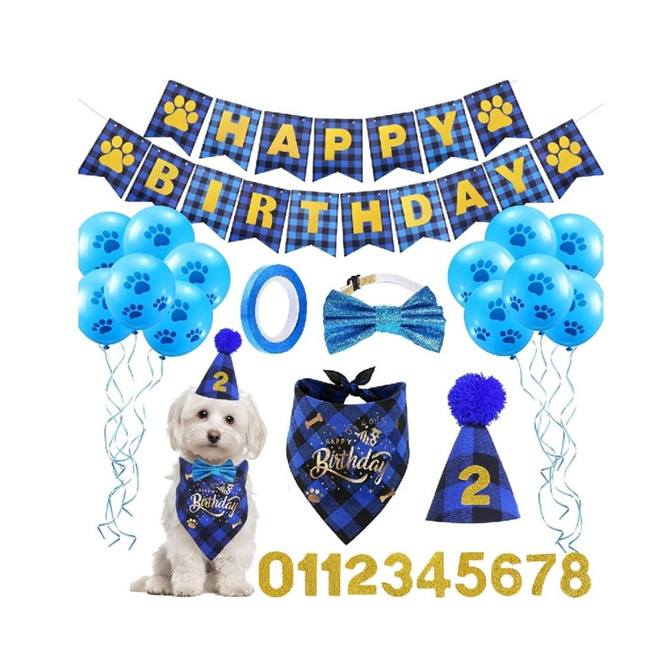 Kit cumpleañero para mascotas perros y gatos azul
