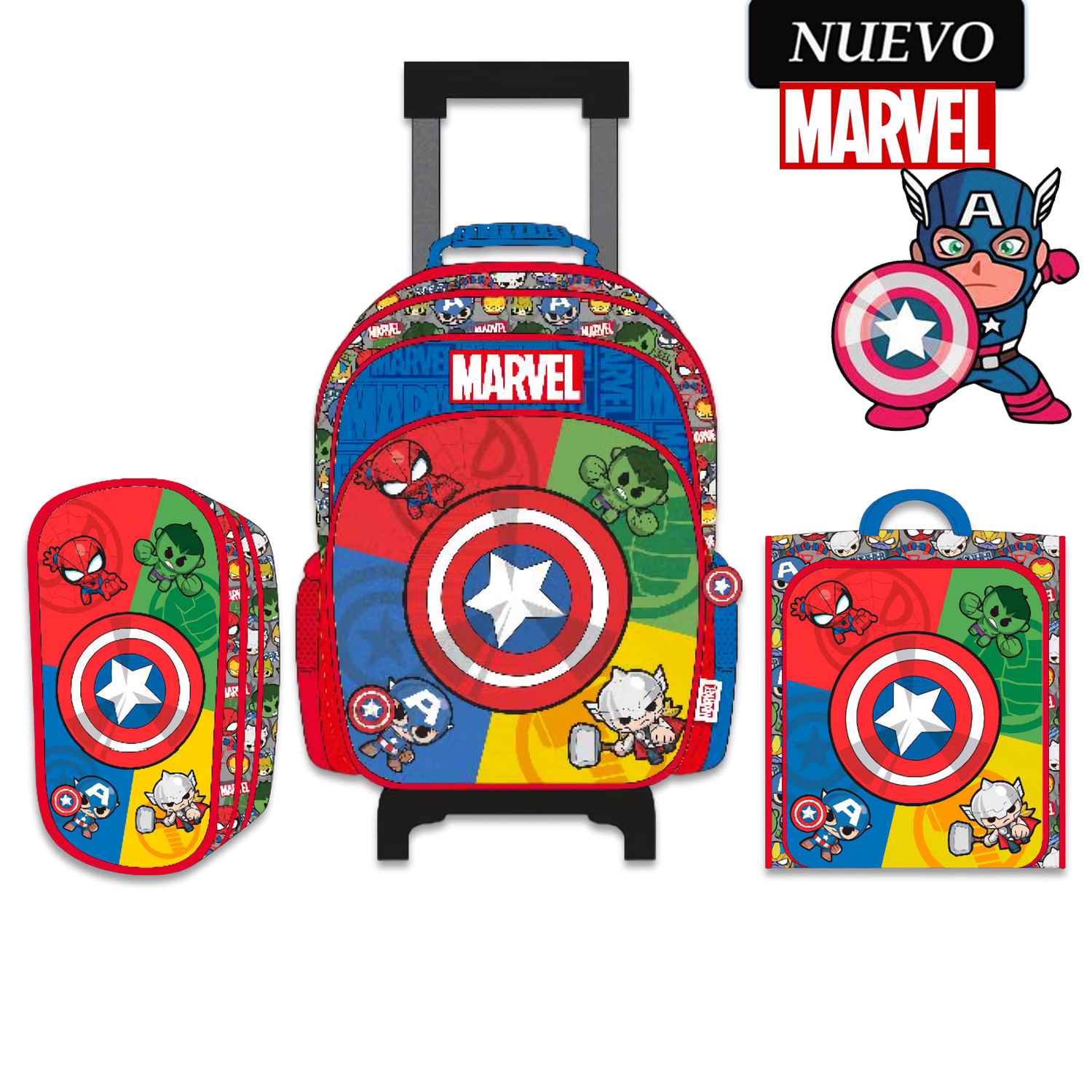 Set de Mochila con Ruedas Lonchera y Cartuchera Marvel Tamaño A4
