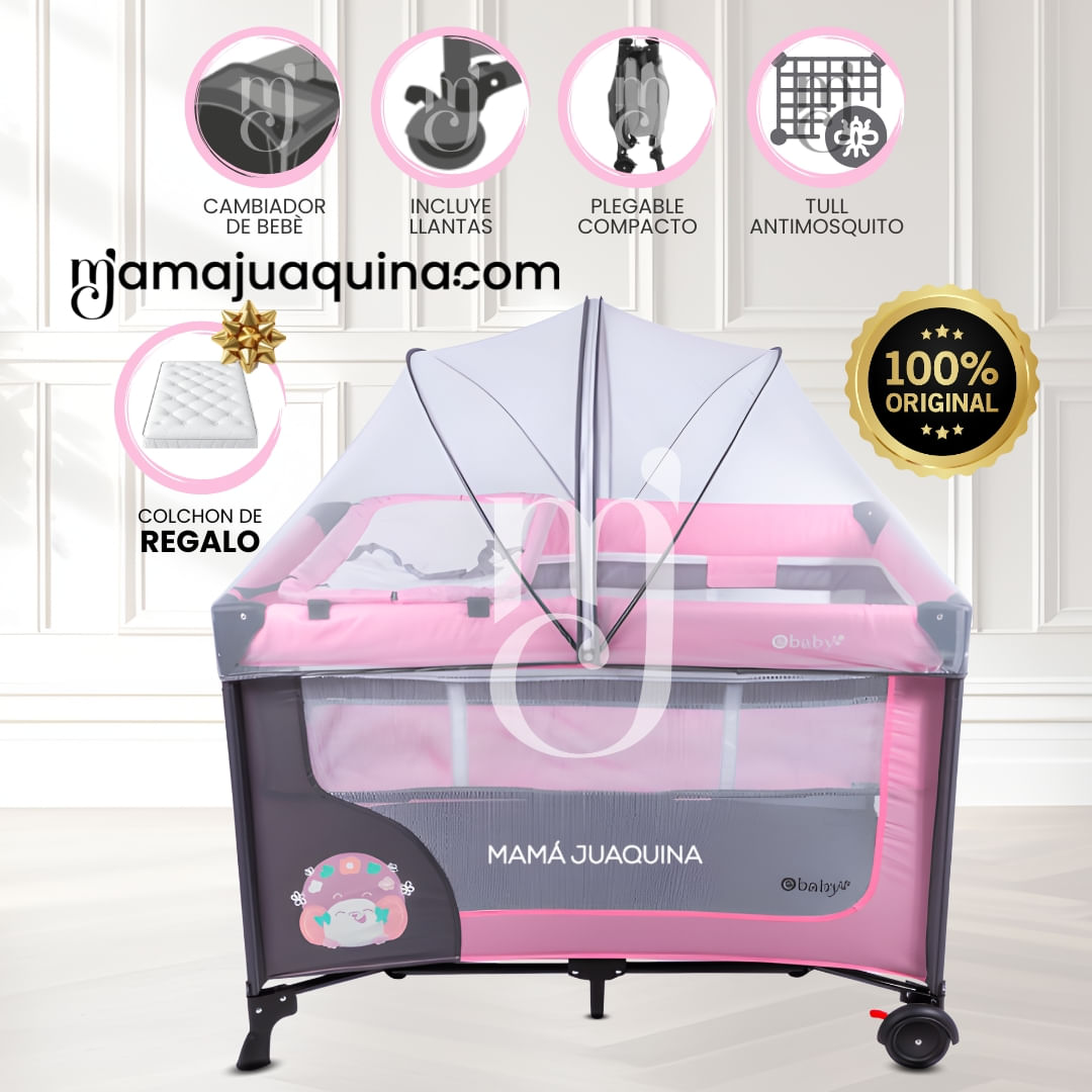 Cuna Corral Premium «HAPPY DREAM» con Colchón Rosa